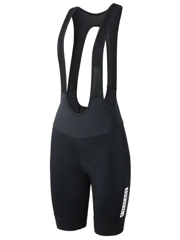 Black women's cycling bib shorts with white logo, designed for comfort and performance on rides.
