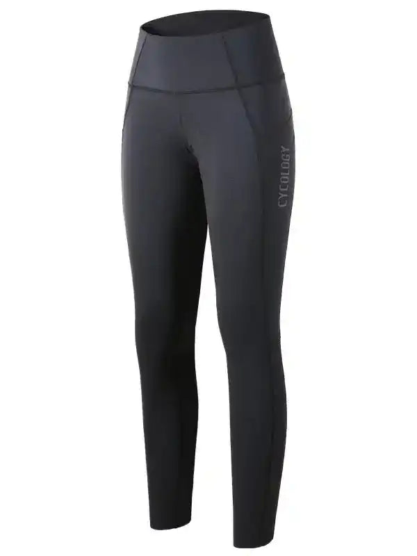 Black women's cycling leggings with high waist and side logo, made for comfort and performance