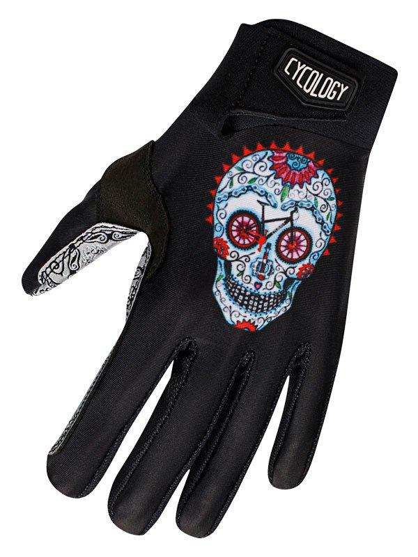 Black cycling glove with colorful sugar skull design, ideal for men's and women's bike rides