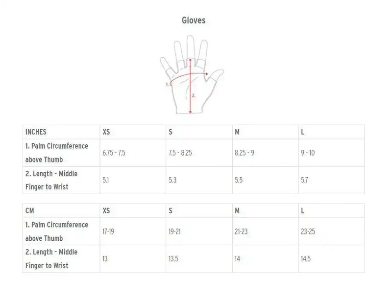 Cycling gloves size chart with palm circumference and finger-to-wrist length measurements in inches and cm