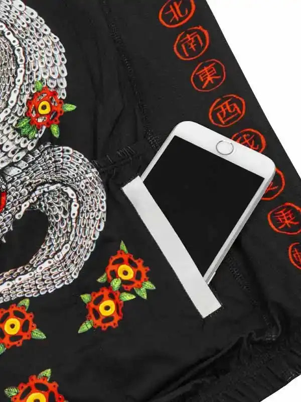 Black cycling shorts with chain and gear print, phone pocket, and red Chinese character trim