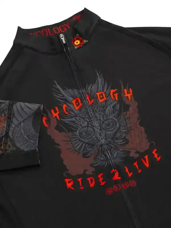 Black cycling jersey with bold 'CYCOLOGY RIDE 2 LIVE' graphic, red flame accents, and zipper detail