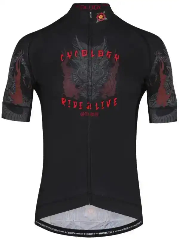 Black men's cycling jersey with red 'Cycology Ride 2 Live' graphic and flame sleeve details