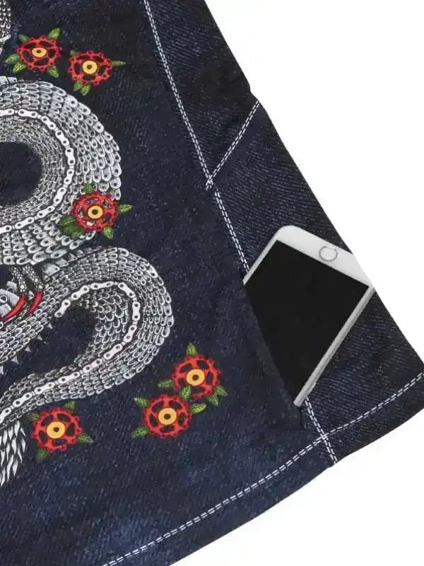Denim cycling shorts with chain and floral embroidery, phone pocket detail