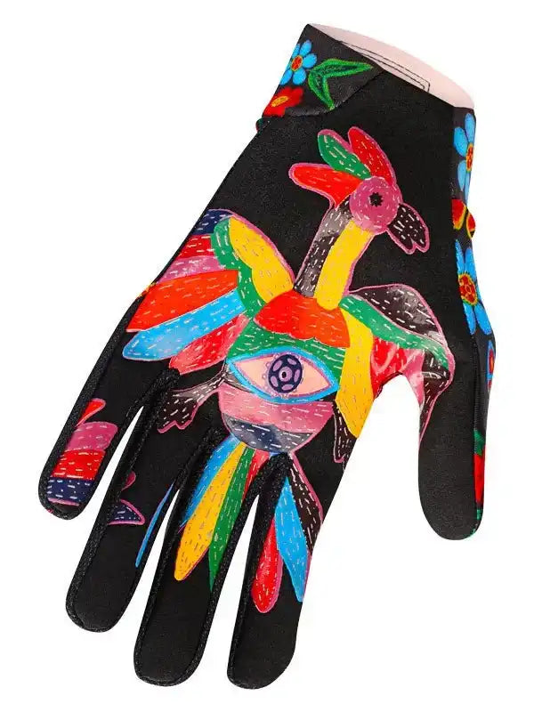 Colorful cycling glove with vibrant bird and eye design on black fabric, ideal for men's and women's bike rides.