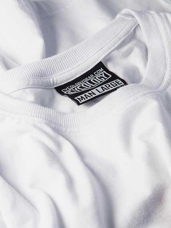 White men's cycling t-shirt with black brand tag, size large, soft fabric detail