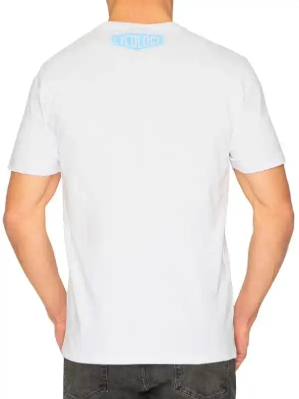 White men's cycling t-shirt with light blue logo on back, ideal for bike rides and casual wear.