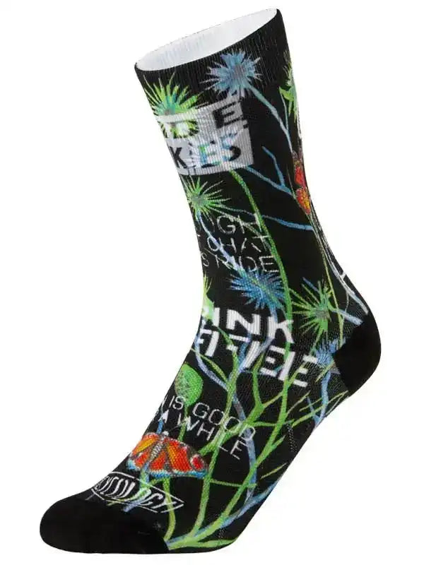 Black cycling sock with vibrant floral and text design, ideal for men's and women's bike rides