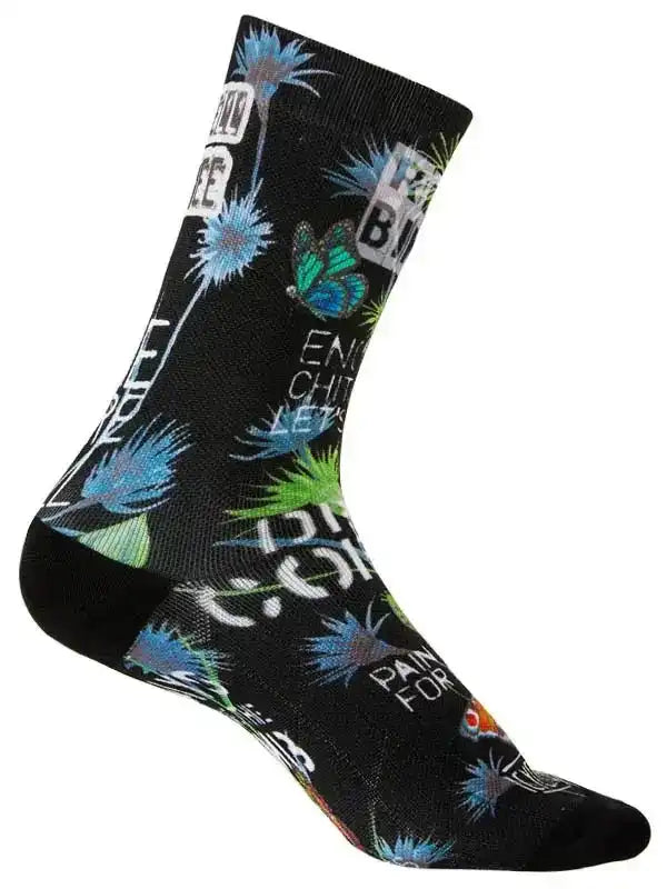 Black cycling sock with blue flowers, butterflies, and text design for men's and women's bike rides