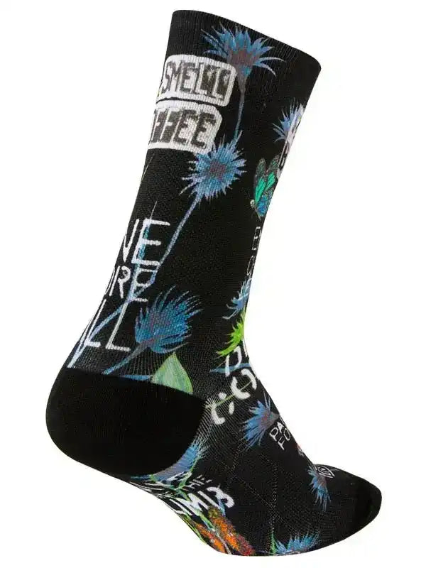 Black cycling sock with blue floral and text design, ideal for men's and women's bike rides