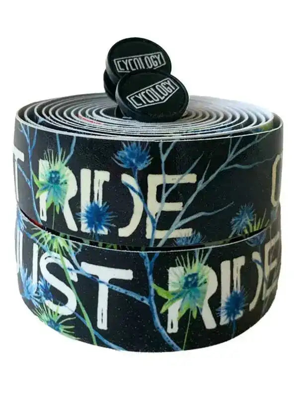 Cycling handlebar tape with 'Just Ride' text and floral design, ideal for road bikes