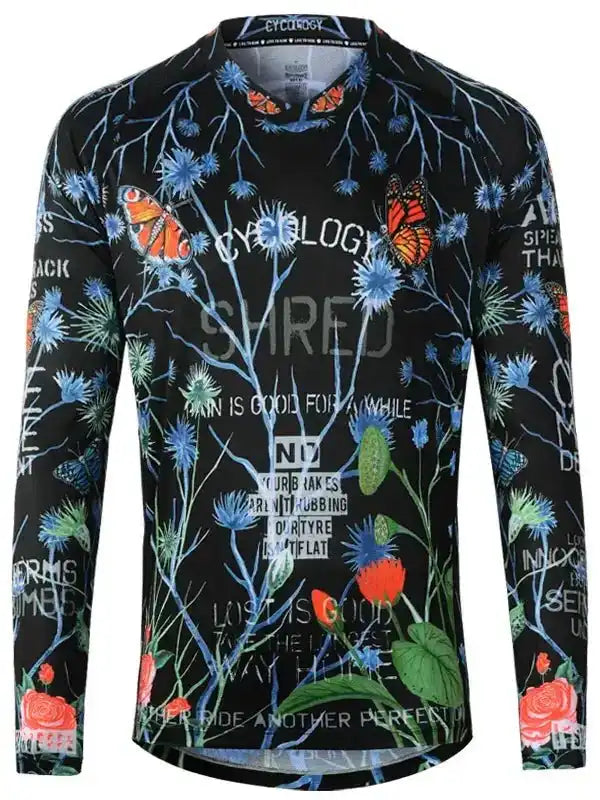 Men's long sleeve cycling jersey with butterfly and floral print, performance fabric for bike rides