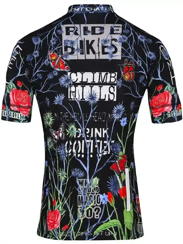 Men's cycling jersey with floral and butterfly print, bold text 'RIDE BIKES CLIMB HILLS DRINK COFFEE'