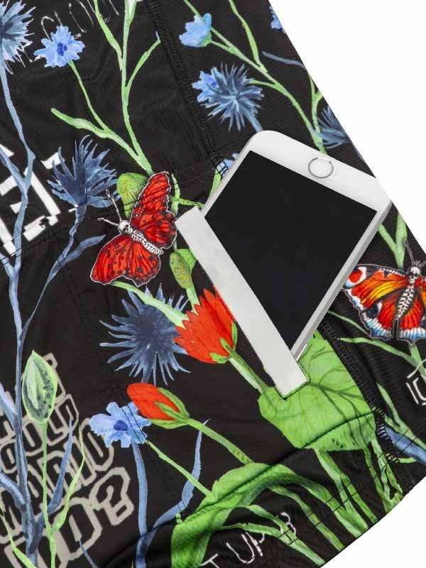 Black cycling shorts with floral and butterfly print, featuring phone pocket for convenience