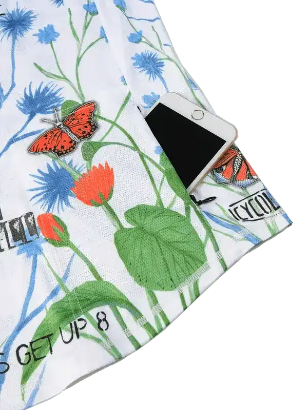 Floral cycling jersey with butterfly print, phone pocket, and 'GET UP 8' text detail
