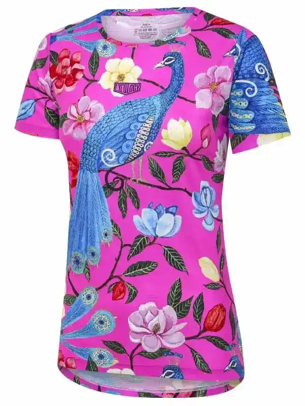 Women's cycling jersey with vibrant peacock and floral print on pink background, breathable fabric