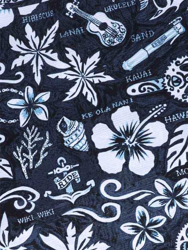 Hawaiian-themed cycling fabric with hibiscus, ukulele, and tropical prints on dark background