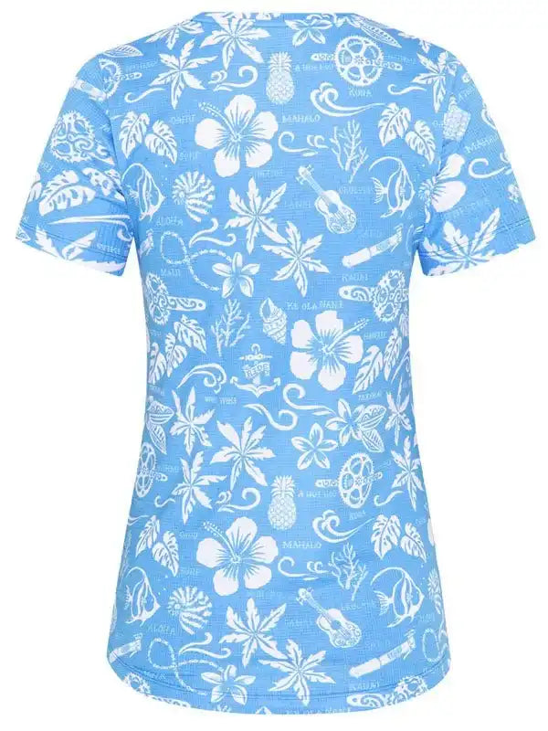 Blue women's cycling jersey with white tropical floral and hibiscus print, perfect for summer rides.