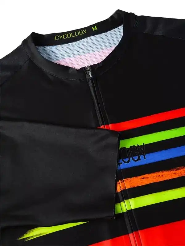 Black cycling jersey with colorful stripes, full zip, and breathable mesh collar for men's road biking
