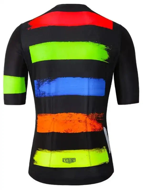 Men's cycling jersey with bold rainbow stripes, black base, and reflective details for road biking
