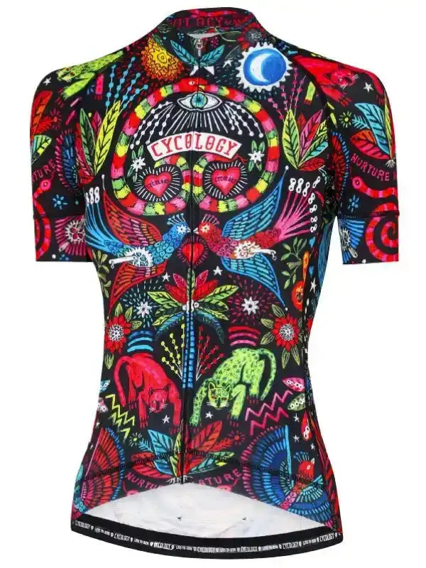 Women's cycling jersey with vibrant, colorful psychedelic pattern featuring birds, animals, and eye motifs on black background.
