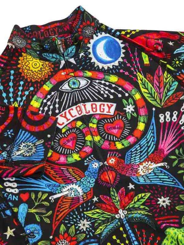 Vibrant cycling jersey with psychedelic art, hearts, birds, and 'Cycology' text on black fabric