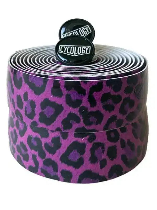 Purple leopard print cycling handlebar tape with Cycology logo end plugs