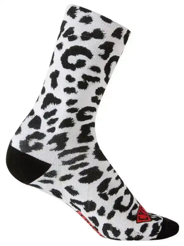 White cycling sock with black leopard print, red logo, and black toe heel for men's or women's bike rides