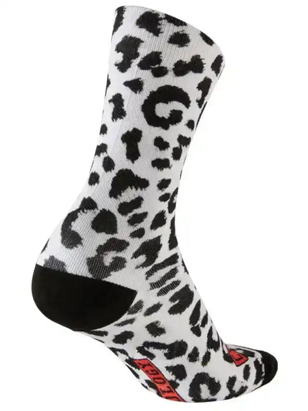 Black and white leopard print cycling sock with red logo, designed for men's and women's bike rides