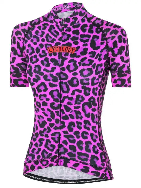 Vibrant pink leopard print women's cycling jersey with full zip and branded logo