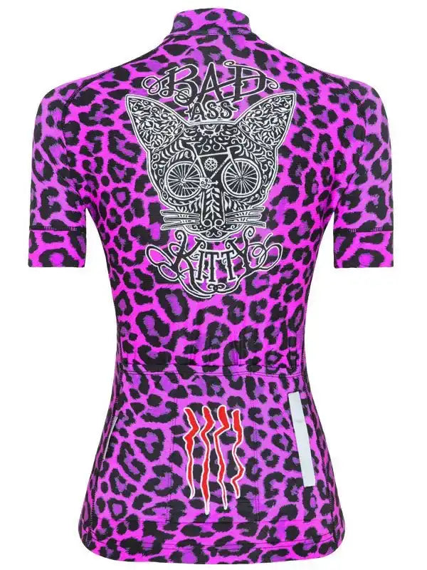 Women's pink leopard print cycling jersey with 'Bad Ass Kitty' graphic and rear pockets