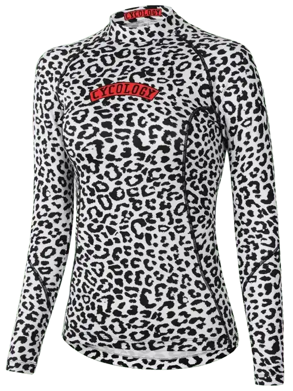 Women's leopard print cycling jersey with red Cycology logo, long sleeves, and front zipper