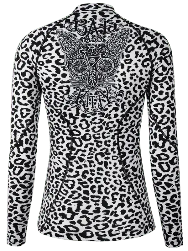 Women's leopard print cycling jersey with 'Bad Ass Kitty' graphic back design
