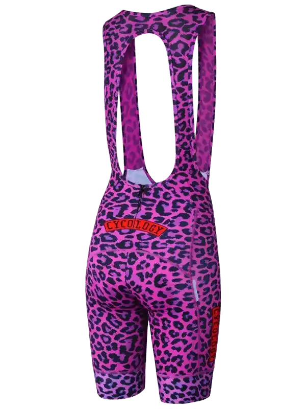 Pink leopard print women's cycling bib shorts with brand logo, back view
