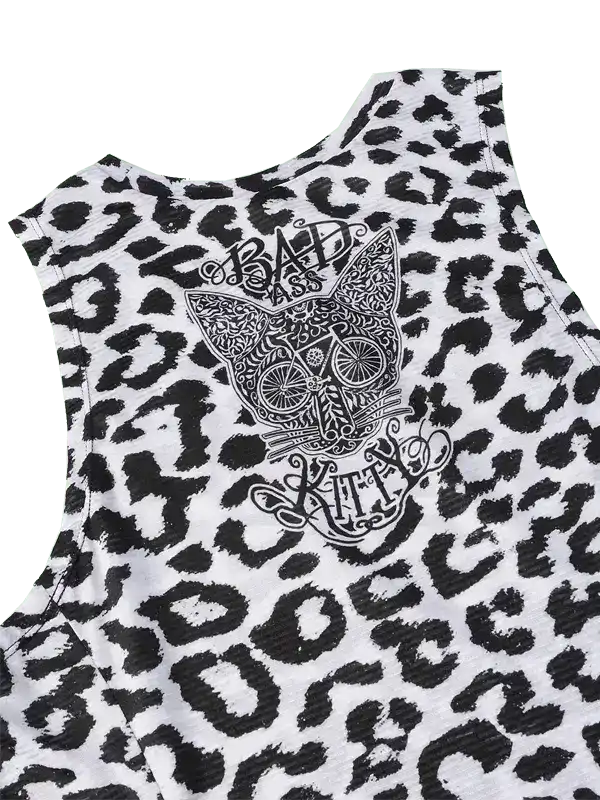 Women's leopard print cycling tank top with 'Bad Ass Kitty' graphic design