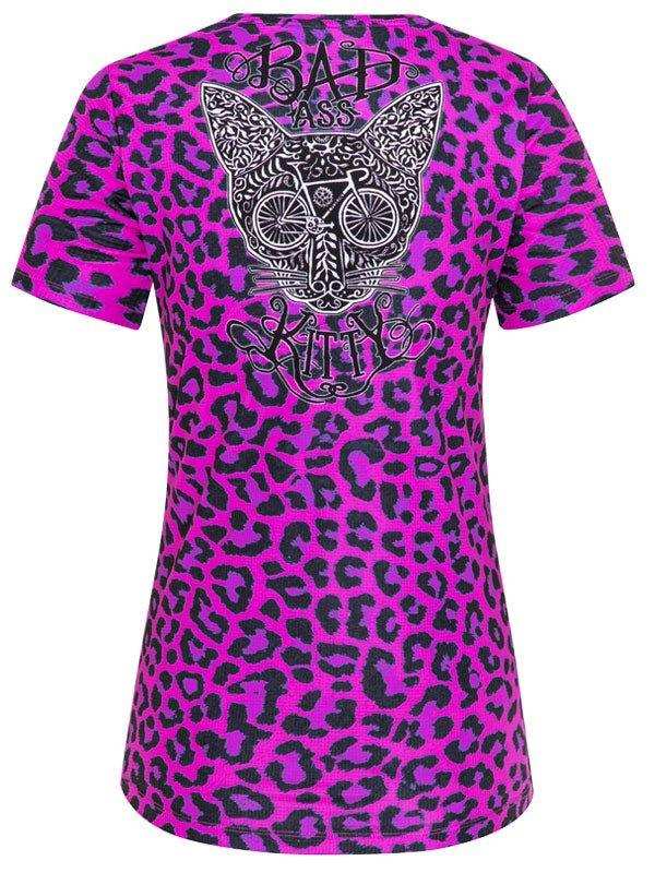 Women's pink leopard print cycling jersey with 'Bad Ass Kitty' cat graphic and bike wheels design