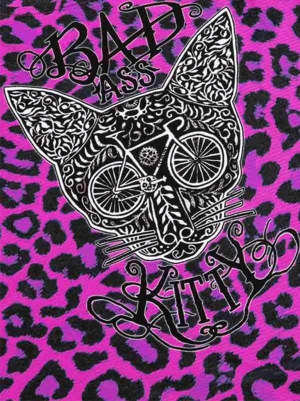 Badass Kitty cycling graphic on pink leopard print women's apparel