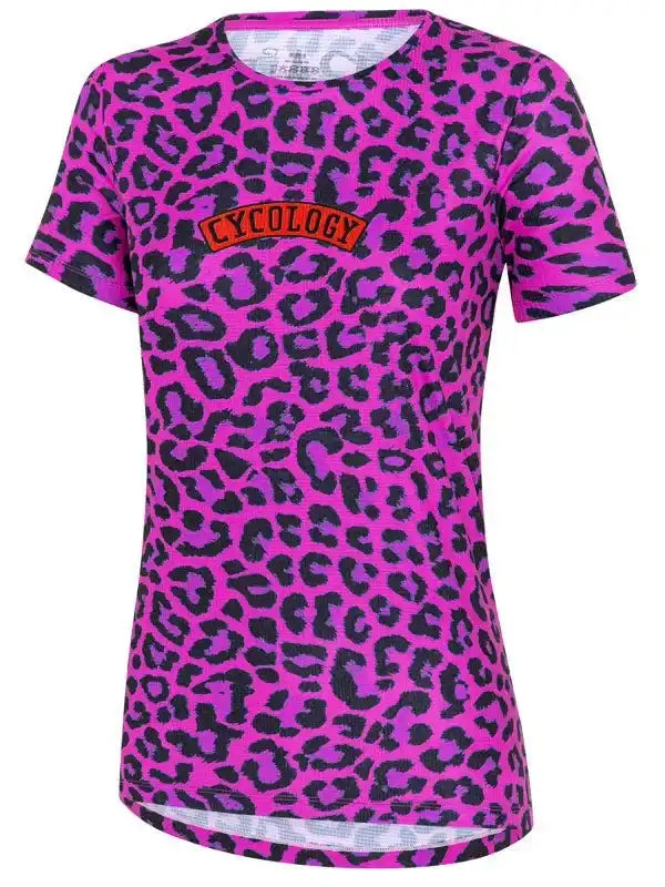Pink leopard print women's cycling jersey with Cycology logo, breathable fabric, short sleeves