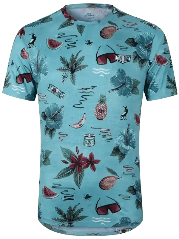 Men's tropical print cycling jersey with hibiscus, pineapple, and sunglasses design on light blue fabric