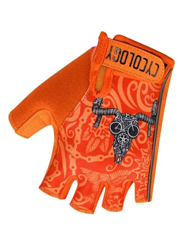 Orange fingerless cycling glove with skull and gear design, ideal for men's and women's bike rides