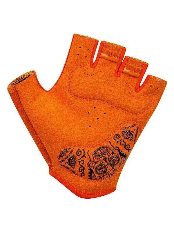Orange fingerless cycling glove with black bike pattern, breathable design for men and women