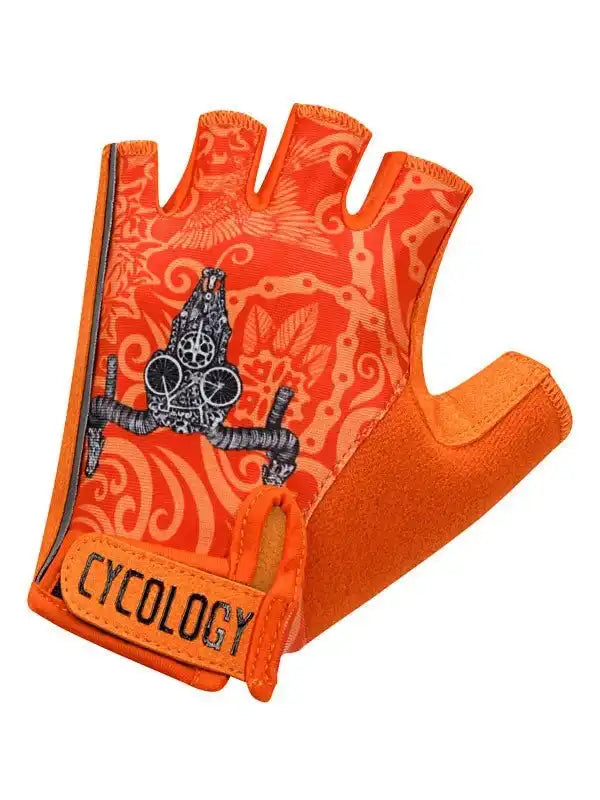 Orange fingerless cycling glove with bike graphic and Cycology branding, designed for men and women riders.
