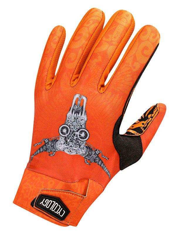 Orange cycling glove with steampunk owl design, black palm grip, and brand patch