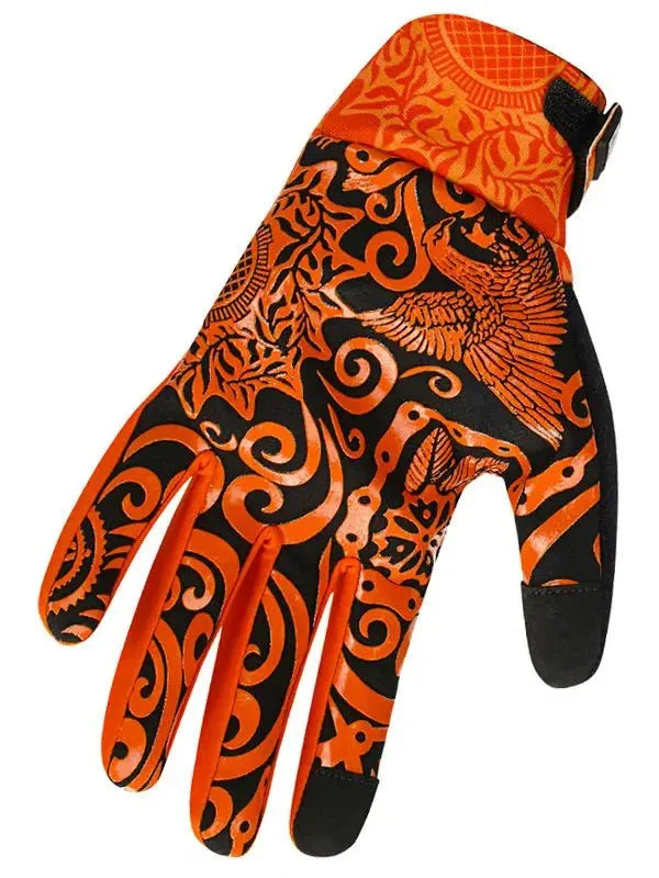 Orange and black cycling glove with intricate phoenix and swirl pattern, touchscreen tips