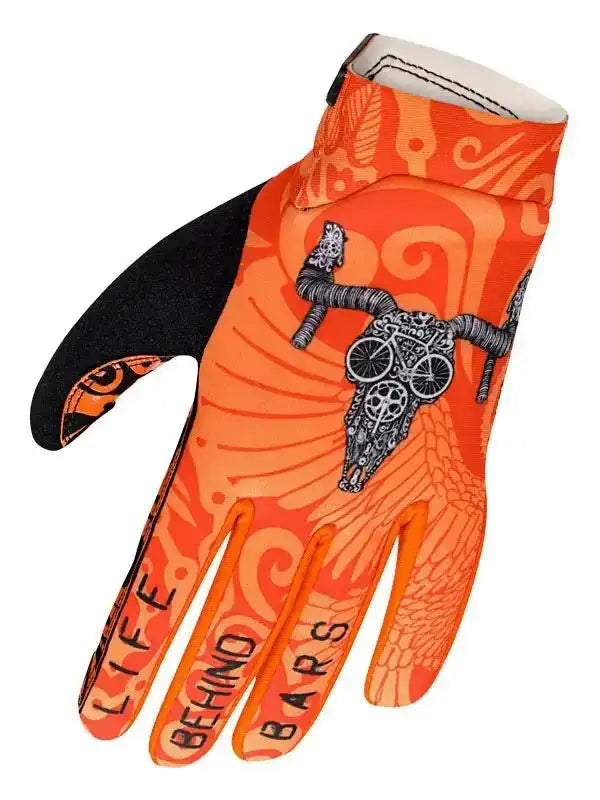Orange cycling glove with skull & bike design, 'Life Behind Bars' text, black palm