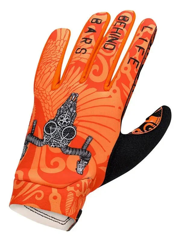 Orange cycling glove with 'Life Behind Bars' text and bike graphic, ideal for men's and women's cycling gear.