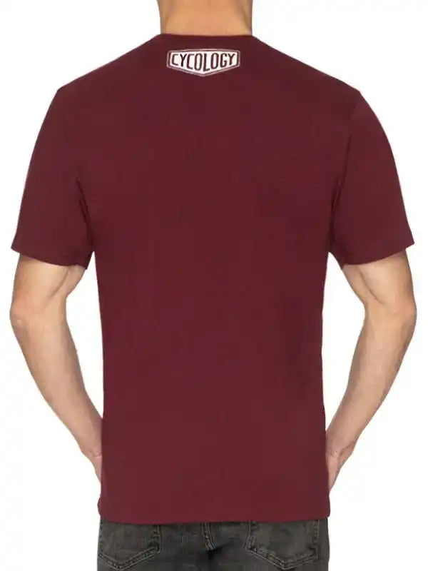 Maroon men's cycling t-shirt with Cycology logo on back, casual fit for bike rides
