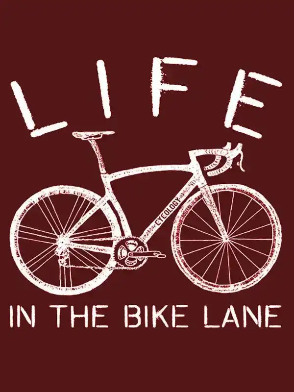 Cycling apparel graphic with 'Life in the Bike Lane' text and road bike design on maroon background