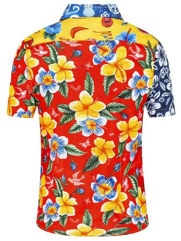 Vibrant red Hawaiian shirt with yellow and blue hibiscus flowers, green leaves, and tropical print for men's casual wear