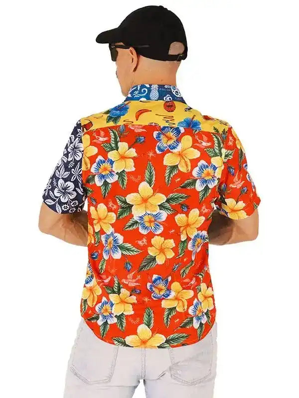 Men's vibrant floral cycling shirt with tropical print, short sleeves, and bold orange background